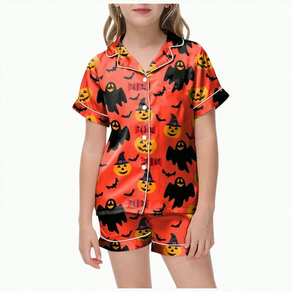 mgoYE Girls Satin Pajama Set Girls Satin Pajama Set Halloween Pumpkin Ghost Print Shirts and Shorts Short Sleeve Button Soft 2 Piece Outfits|Red 4-5 Years