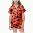 thumbnail image 1 of mgoYE Girls Satin Pajama Set Halloween Pumpkin Ghost Print Shirts and Shorts Short Sleeve Button Soft 2 Piece Outfits|Red 12-13 Years, 1 of 5