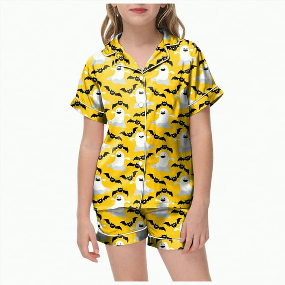 mgoYE Girls Satin Pajama Set Halloween Pumpkin Ghost Print Shirts and Shorts Short Sleeve Button Soft 2 Piece Outfits|Yellow 8-9 Years