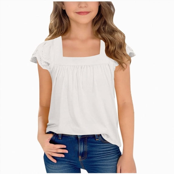 mgoYE Girls Short Sleeve Shirts Summer Tunic Tops Lace Ruffled Girls Cute Square Neck Clothes Blouse Size 11-12 Years White