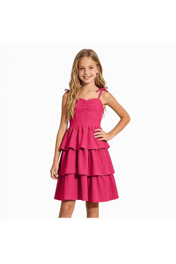 Girls Spaghetti Strap Ruffled Swing Dress for Teen Tween Formal Prom Back to School Homecoming Dance Casual(Hot Pink,7-8 Years)