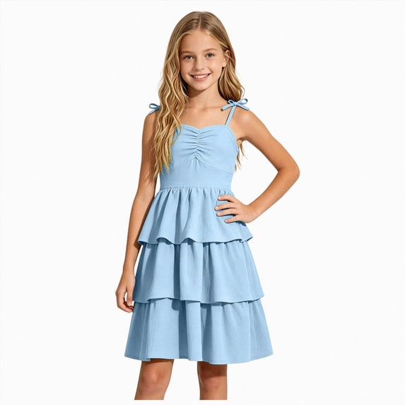 mgoYE Girls Spaghetti Strap Ruffled Swing Dress for Teen Tween Formal Prom Back to School Homecoming Dance Casual(Light Blue,7-8 Years)