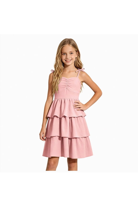 Girls Spaghetti Strap Ruffled Swing Dress for Teen Tween Formal Prom Back to School Homecoming Dance Casual(Pink,7-8 Years)