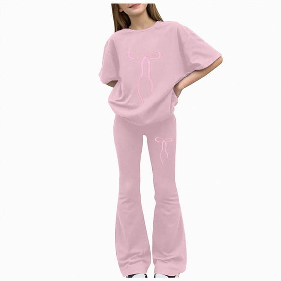 mgoYE Girls Spring Outfits Short Sleeve Bow/Heart Graphic T-Shirt Sweatshirt Bell Bottom Pants Fall Summer Clothing 2 Piece Set 7T 8T 9T 10T 11T 12T Size 9-10 Years