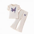 thumbnail image 1 of mgoYE Girls' Summer 2-Piece Outfit Set Butterfly-Pattern Ruffled-Sleeve Top + Flared Pants Size 3-8 Years Old(Beige,4-5 Years), 1 of 4