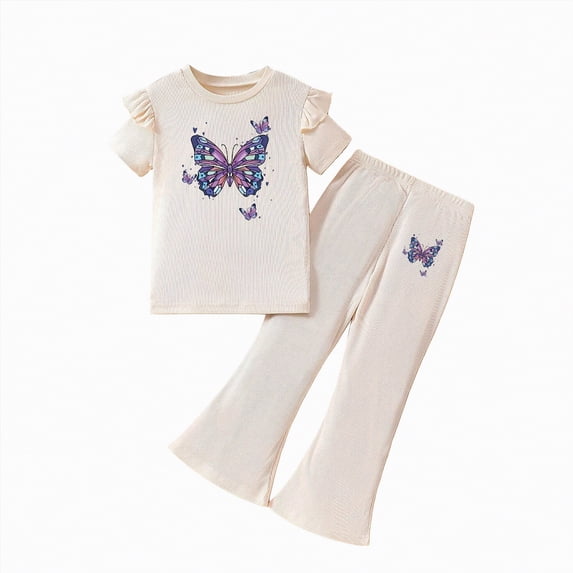 mgoYE Girls' Summer 2-Piece Outfit Set Butterfly-Pattern Ruffled-Sleeve Top + Flared Pants Size 3-8 Years Old(Beige,4-5 Years)