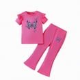 thumbnail image 1 of mgoYE Girls' Summer 2-Piece Outfit Set Butterfly-Pattern Ruffled-Sleeve Top + Flared Pants Size 3-8 Years Old(Hot Pink,7-8 Years), 1 of 4