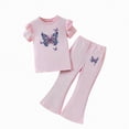 thumbnail image 1 of mgoYE Girls' Summer 2-Piece Outfit Set Butterfly-Pattern Ruffled-Sleeve Top + Flared Pants Size 3-8 Years Old(Red,3-4 Years), 1 of 4