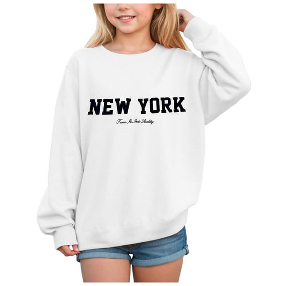 mgoYE Girls Sweater , New York Drop Shoulder Long Sleeve Kids Jumper,Trendy Oversize Crew-Neck Cute Clothes Tops(Green,6-7 Years)