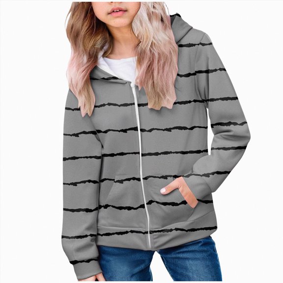 mgoYE Girls Sweatshirt Hooded Girls Long Sleeve Zip up with Pockets Bow Print Fashion Sweatshirt|Grey 5-6 Years