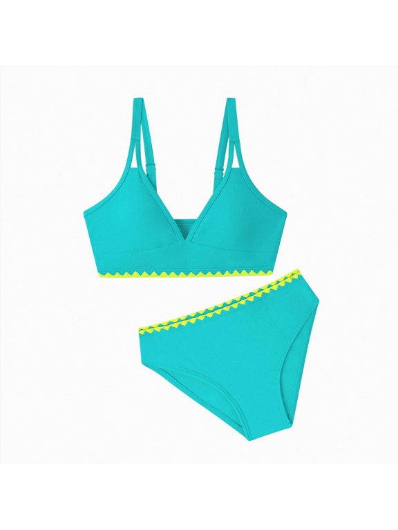 Girls Swimsuits Twist V Neck Drawstring Cute Girls Bikini Swim Two Piece Sets with Chest Pad(Mint Green,15-16 Years)