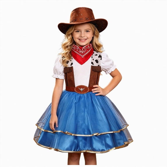 mgoYE Girls Western Cowgirl Outfits with Kids Halloween Outfit, Dress Up Party Outfit