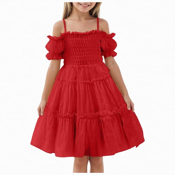 mgoYE Girls Yellow Dress Girls Summer Dresses Kids Off Shoulder Flutter Sleeve Swiss Dot Formal Party Smocked Dress(Red,7-8 Years)