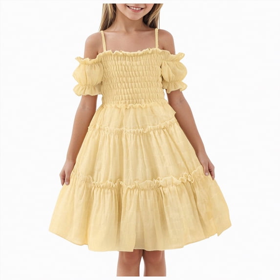 mgoYE Girls Yellow Dress Girls Summer Dresses Kids Off Shoulder Flutter Sleeve Swiss Dot Formal Party Smocked Dress(Yellow,18-24 Months)