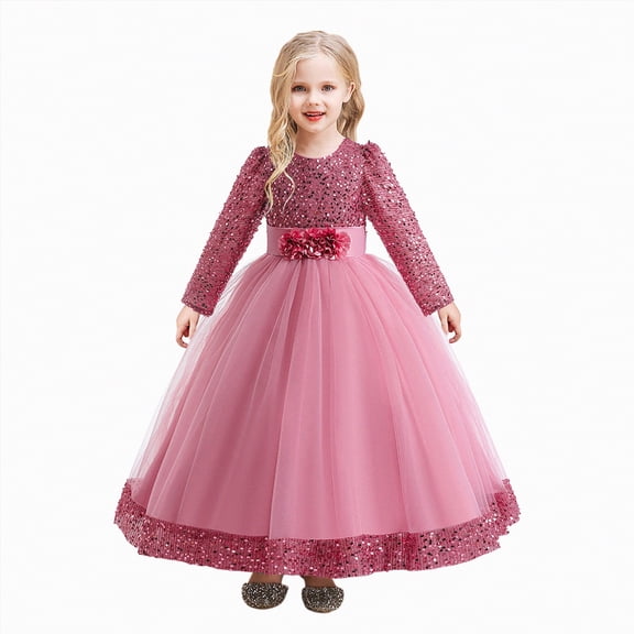 mgoYE Grirls Christmas Dress Elegant Little and Big Girls Long Birthday Party Wedding Pageant Graduation Prom Maxi Dresses(Hot Pink,11-12 Years)