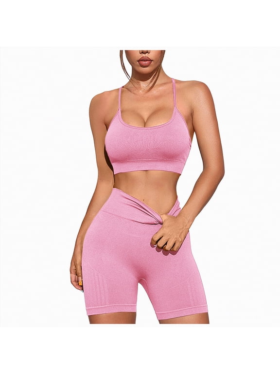 Gym Workout Sets for Women Women 2 Piece Workout Sets U Back Color Block Sports Bra High Waist Tummy Control Active Shorts Yoga Pilates Outfits(Pink,L)