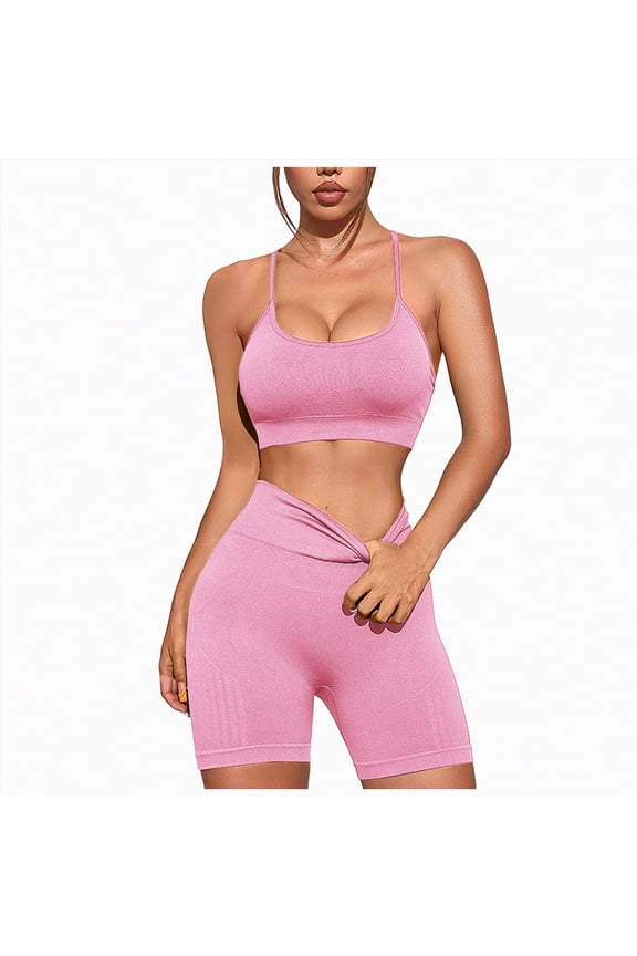 Gym Workout Sets for Women Women 2 Piece Workout Sets U Back Color Block Sports Bra High Waist Tummy Control Active Shorts Yoga Pilates Outfits(Pink,L)