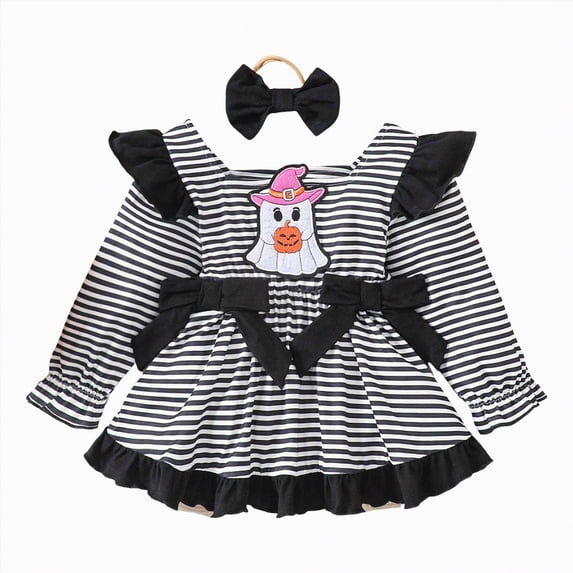 mgoYE Halloween Baby Girl Clothes 0-3 Months Pumpkin Dress Long Sleeve Dress Cute Halloween Outfit|Black 0-3 Months