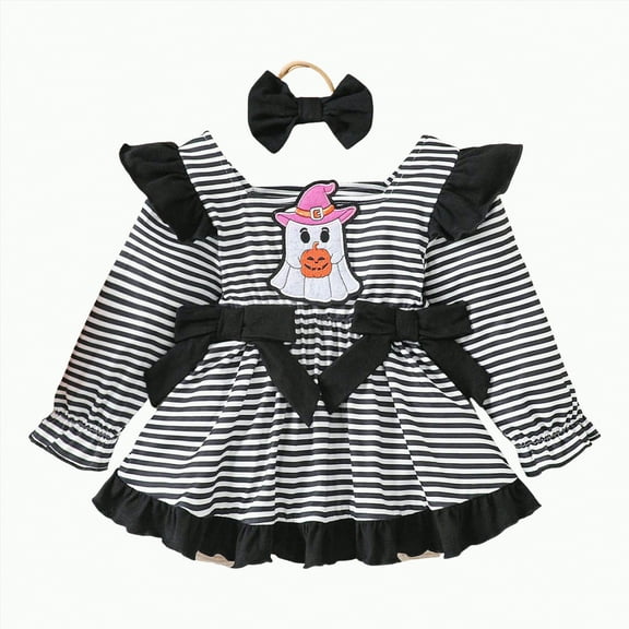 mgoYE Halloween Baby Girl Clothes 0-3 Months Pumpkin Dress Long Sleeve Dress Cute Halloween Outfit|Black 12-18 Months