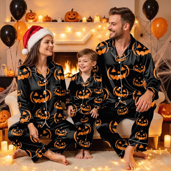 mgoYE Halloween Family Matching Pajamas Set Button Down Pumpkin Print
