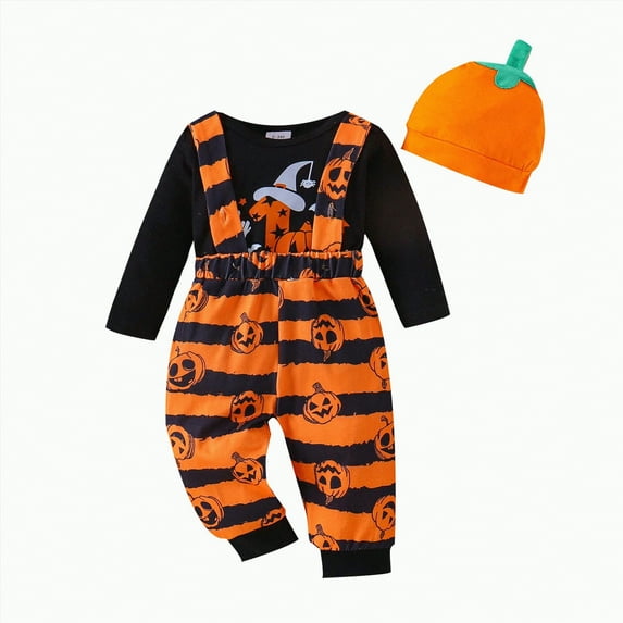mgoYE Halloween Outfit 2T Boy My First Halloween Baby Boy Outfit Long Sleeve Pumpkin Romper Pants Set with Beanie Hat Boy Fall Clothes(Black,12-18 Months)