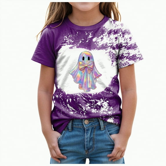 mgoYE Halloween Outfit 2T Toddler Baby Girls Halloween Shirt T-Shirt Ghost Spooky Season Outfit Cute Fall Short Sleeve Tees Tops|Purple 11-12 Years