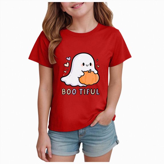 mgoYE Halloween Shirt Kids Cute Ghost with Coffee Pumpkin Graphic Casual Halloween Tee Autumn Thanksgiving Tops T-Shirt for Girls
