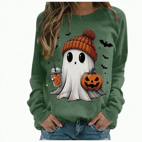 mgoYE Halloween Shirt Women Halloween Doodles Shirt for Women Cute Vintage Graphic Halloween Tshirt for Party Long Sleeve Fall Shirt(H-Dark Green,M)