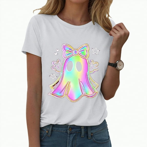 mgoYE Halloween Shirt Women Halloween Shirts for Women Cute Ghost Shirt Fall Pumpkin Tshirt Coffee Graphic Tees casual Short Sleeve Tops(White,2XL)
