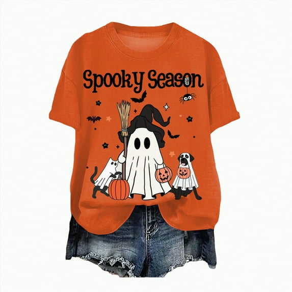 mgoYE Halloween Shirt Women Halloween Teacher Shirts for Women Reading Books T-Shirt Funny Teacher Librarian Halloween Party Tee Tops(Orange,M)