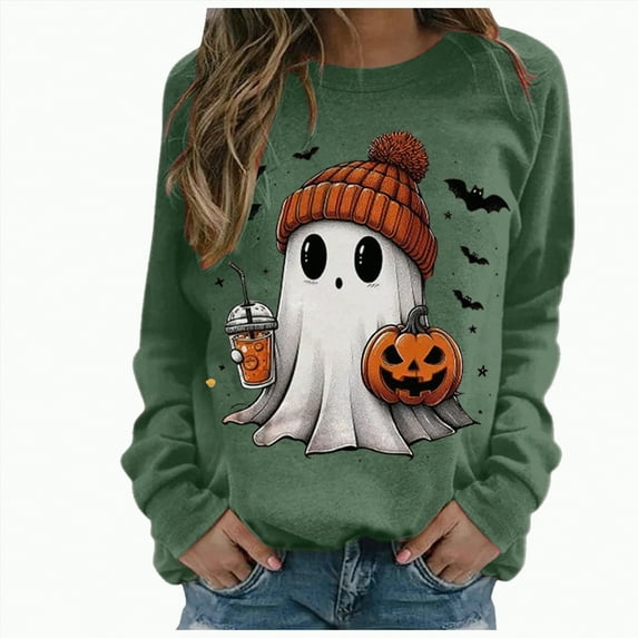 mgoYE Halloween Shirt Women T Shirts for Women Casual Western Graphic Pullover Tops Hoodies Tees Cowgirls Country Outfits(Dark Green,2XL)