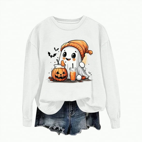 mgoYE Halloween Shirt Women Womens Halloween O Neck Shirt Funny Pumpkin Printed T Shirt Graphic Tee Fall Raglan Tops(White,L)