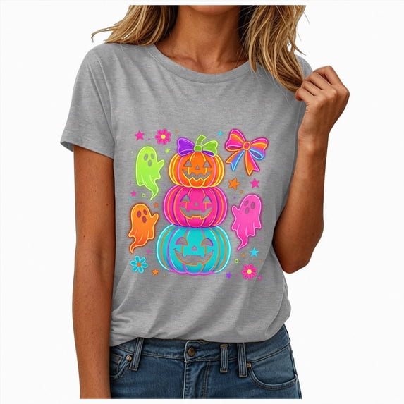 mgoYE Halloween Shirt Womens Cute Ghost with Coffee Pumpkin Graphic Casual Halloween Tee Autumn Thanksgiving Tops T Shirt for Women(Light Gray,XL)