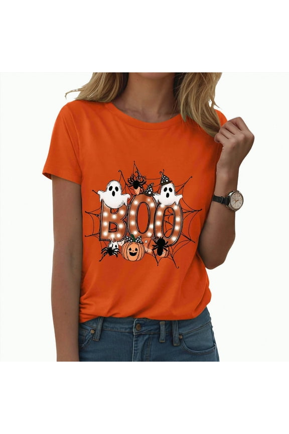 Halloween Shirts for Women Women Fall Halloween Doodles V Neck Shirt Funny Family Party Celebration Short Sleeve Tee Pumpkin Graphic Thanksgiving Tops(Orange,XL)