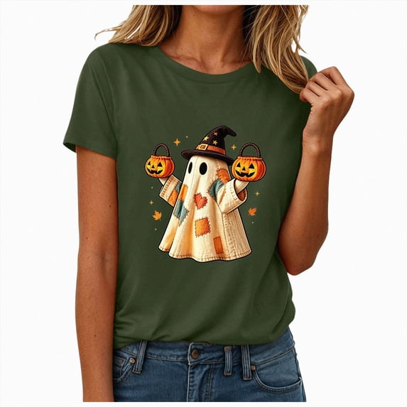 mgoYE Halloween Shirts for Women Cute Vintage Graphic Halloween Tshirt for Party Short Sleeve Fall Shirt L