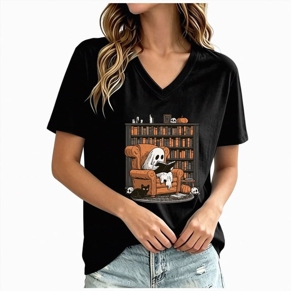 mgoYE Halloween Shirts for Women Cute Vintage Graphic Halloween Tshirt for Party Short Sleeve Fall Shirt S