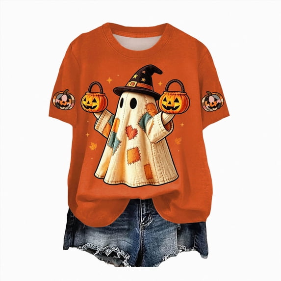 mgoYE Halloween Shirts for Women Funny Family Party Celebration Short Sleeve Tee Graphic Tops XL