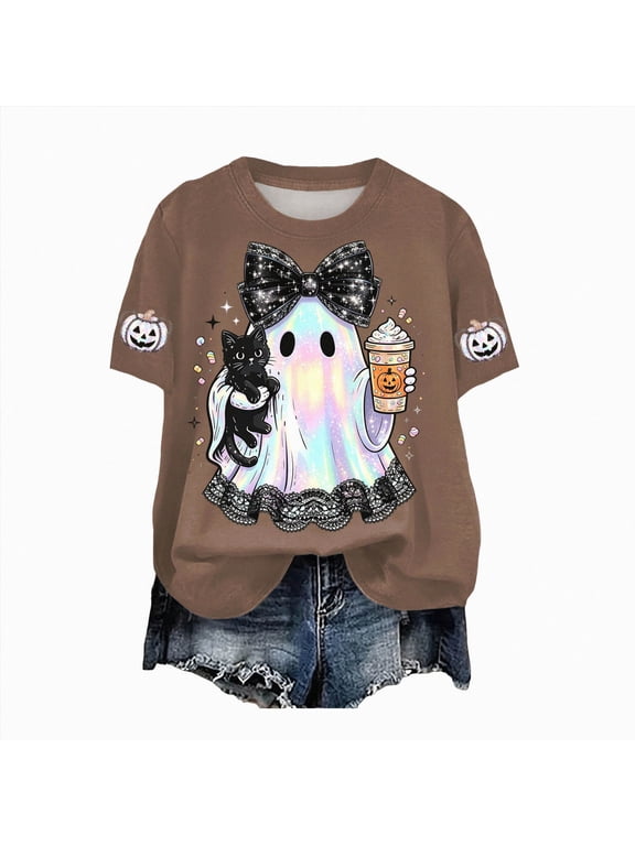 Halloween T Shirt for Women Fall Spooky Season Doodle Graphic Short Sleeve Autumn Tops Blouse Womens T Shirt 4XL
