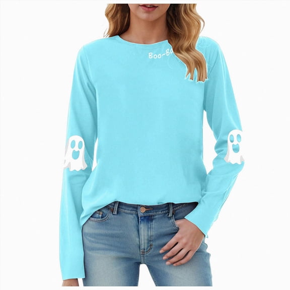 mgoYE Halloween T-shirt Women Halloween Sweatshirts for Women Ghost Pumpkin Long Sleeve T-shirt Graphic Tees Fall Pullover Tops(Sky Blue,L)