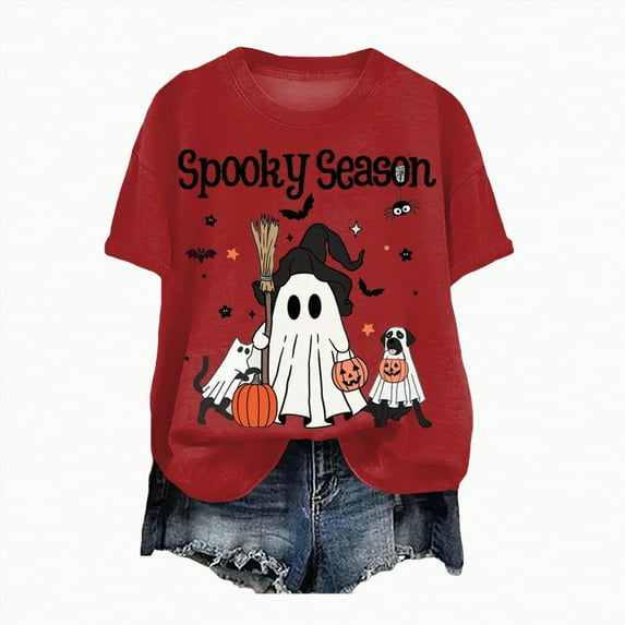 mgoYE Halloween Tee Shirts for Women Halloween Shirts for Women: Halloween Pumpkin Shirt Cute Ghost Shirts Spooky Season Tee Fall Graphic Short Sleeve Tee(Red,M)