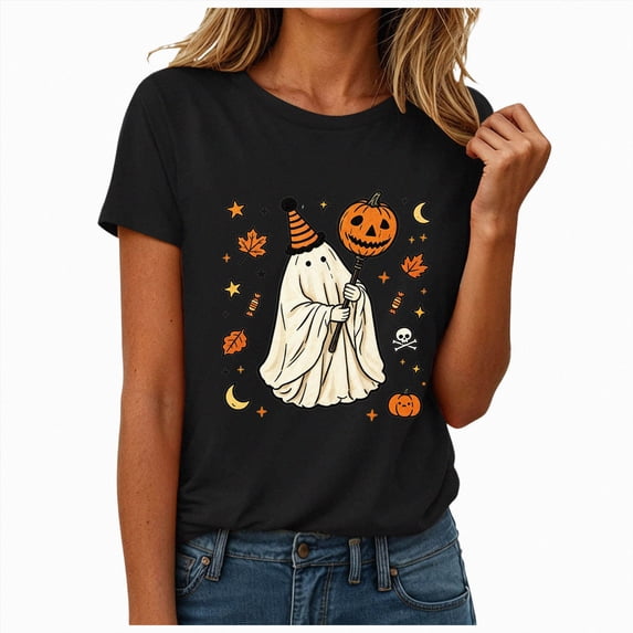 mgoYE Halloween Tee Shirts for Women Fall Shirts for Women Halloween Pumpkin Graphic Front Back Printing Tops Shirts Woman Tshirts(Black,3XL)