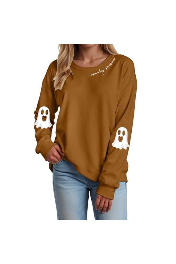 Halloween Tee Shirts for Women Halloween Sweatshirts for Women Ghost Pumpkin Long Sleeve Shirt Graphic Tees Fall Pullover Tops(Brown,S)