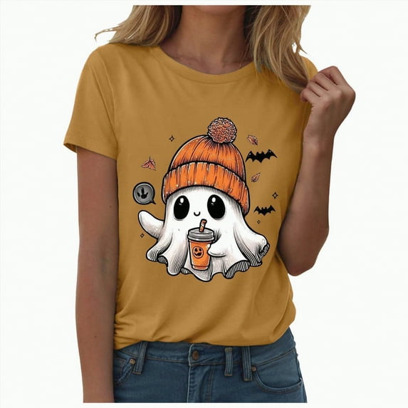 mgoYE Halloween Tee Shirts for Women Halloween for Women Funny Pumpkin Printed Cute T Shirts Orange Graphic Tops Fall Tee Fashion Gift(Yellow,XL)