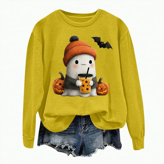 mgoYE Halloween Tee Shirts for Women Sweatshirts Halloween Ghost Sweatshirt Women - Halloween Graphic Crewneck Tops Casual Sweater(Yellow,L)