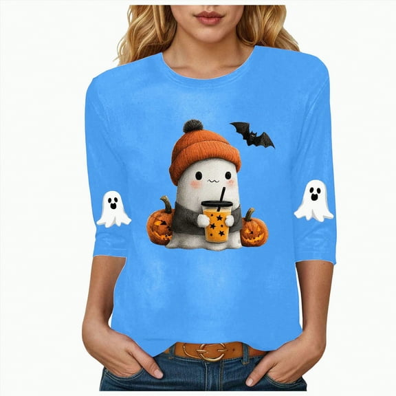 mgoYE Halloween Tee Shirts for Women Womens Fall Shirts Halloween V Neck 3/4 Length Sleeve Pumpkin T-Shirts Thanksgiving Graphic Tee Tops(Blue,2XL)