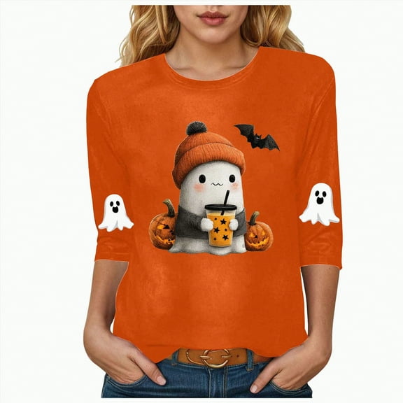 mgoYE Halloween Tee Shirts for Women Womens Fall Shirts Halloween V Neck 3/4 Length Sleeve Pumpkin T-Shirts Thanksgiving Graphic Tee Tops(Orange,2XL)
