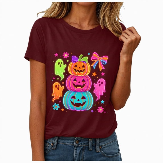 mgoYE Halloween Tshirt Women Pumpkin T-Shirts Thanksgiving Graphic Tee Tops T Shirt for Women(Wine,L)
