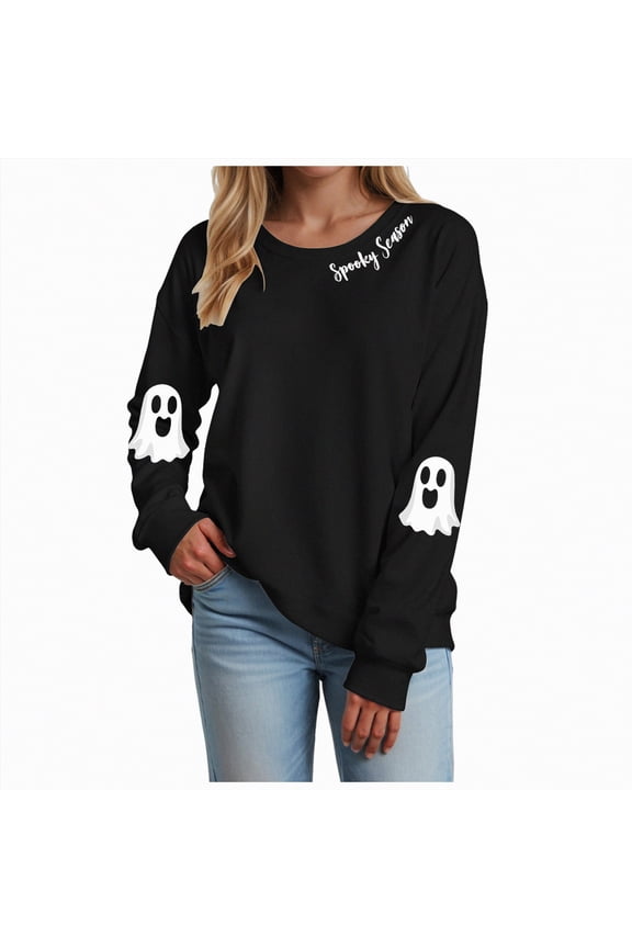 Halloween Tshirts Women Halloween Sweatshirts for Women Ghost Pumpkin Long Sleeve Shirt Graphic Tees Fall Pullover Tops(Black,M)