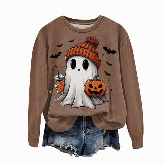 mgoYE Halloween Tshirts Women Halloween Sweatshirts for Women Ghost Pumpkin Long Sleeve Shirt Graphic Tees Fall Pullover Tops(Brown,XL)