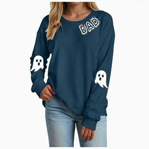 mgoYE Halloween Tshirts Women Halloween Sweatshirts for Women Ghost Pumpkin Long Sleeve Shirt Graphic Tees Fall Pullover Tops(Navy,M)